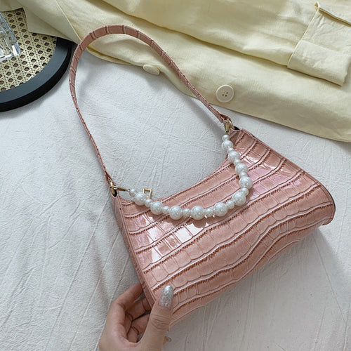 Armpit Bag Women Retro Handbag PU Leather Underarm Shoulder Bag Fashion Pearl Top Handle Bag Female Small Subaxillary Bag Clutch